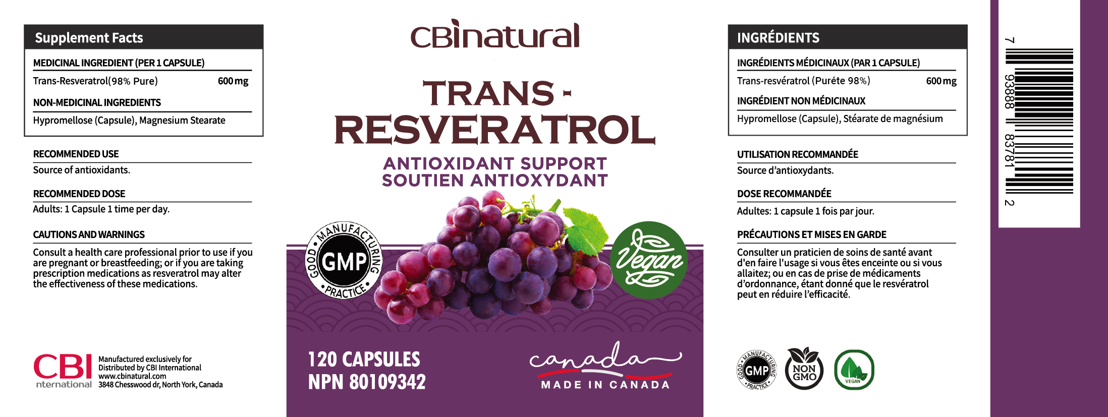 Trans-Resveratrol 600, Non-GMO, Vegan, Gluten Free, 600 mg 120 Veg Capsules